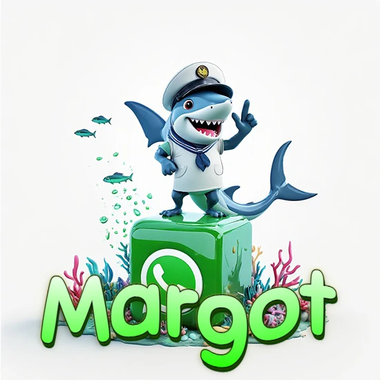 Fondo marino con un tiburón capitán sobre un cubo verde de WhatsApp. Arrecifes de coral, peces y burbujas. Nombre en verde claro en la parte delantera del cubo. Diseño con el nombre Margot.