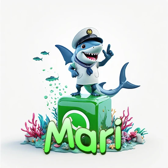 Fondo marino con un tiburón capitán sobre un cubo verde de WhatsApp. Arrecifes de coral, peces y burbujas. Nombre en verde claro en la parte delantera del cubo. Diseño con el nombre Mari.