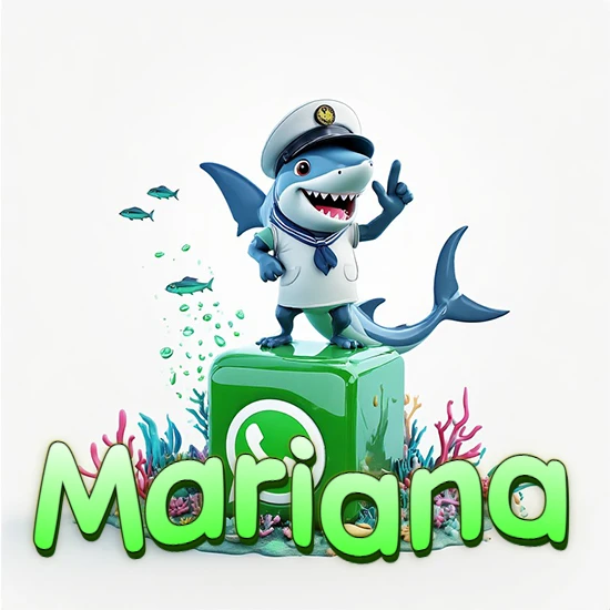 Fondo marino con un tiburón capitán sobre un cubo verde de WhatsApp. Arrecifes de coral, peces y burbujas. Nombre en verde claro en la parte delantera del cubo. Diseño con el nombre Mariana.