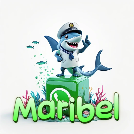 Fondo marino con un tiburón capitán sobre un cubo verde de WhatsApp. Arrecifes de coral, peces y burbujas. Nombre en verde claro en la parte delantera del cubo. Diseño con el nombre Maribel.