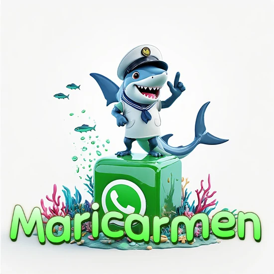 Fondo marino con un tiburón capitán sobre un cubo verde de WhatsApp. Arrecifes de coral, peces y burbujas. Nombre en verde claro en la parte delantera del cubo. Diseño con el nombre Maricarmen.