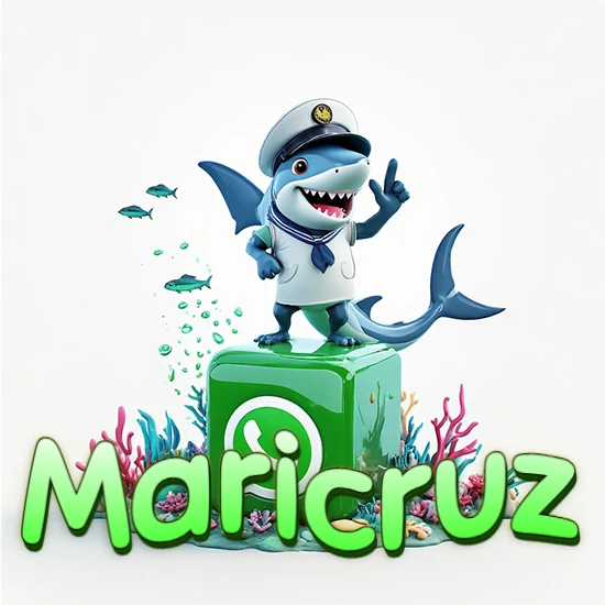 Fondo marino con un tiburón capitán sobre un cubo verde de WhatsApp. Arrecifes de coral, peces y burbujas. Nombre en verde claro en la parte delantera del cubo. Diseño con el nombre Maricruz.