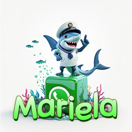 Fondo marino con un tiburón capitán sobre un cubo verde de WhatsApp. Arrecifes de coral, peces y burbujas. Nombre en verde claro en la parte delantera del cubo. Diseño con el nombre Mariela.