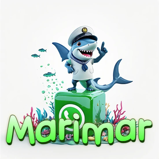 Fondo marino con un tiburón capitán sobre un cubo verde de WhatsApp. Arrecifes de coral, peces y burbujas. Nombre en verde claro en la parte delantera del cubo. Diseño con el nombre Marimar.