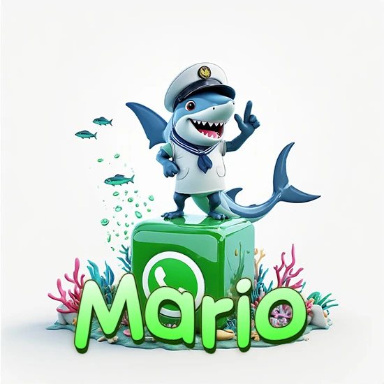 Fondo marino con un tiburón capitán sobre un cubo verde de WhatsApp. Arrecifes de coral, peces y burbujas. Nombre en verde claro en la parte delantera del cubo. Diseño con el nombre Mario.