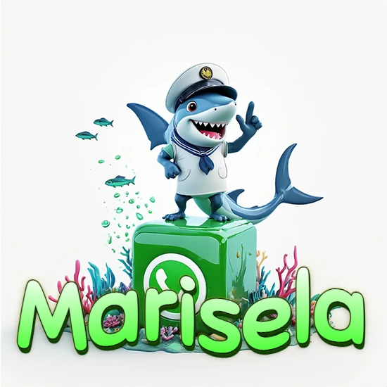 Fondo marino con un tiburón capitán sobre un cubo verde de WhatsApp. Arrecifes de coral, peces y burbujas. Nombre en verde claro en la parte delantera del cubo. Diseño con el nombre Marisela.