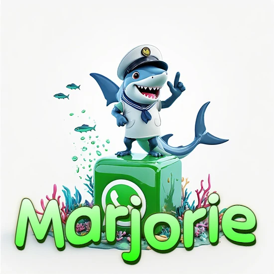 Fondo marino con un tiburón capitán sobre un cubo verde de WhatsApp. Arrecifes de coral, peces y burbujas. Nombre en verde claro en la parte delantera del cubo. Diseño con el nombre Marjorie.