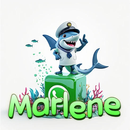 Fondo marino con un tiburón capitán sobre un cubo verde de WhatsApp. Arrecifes de coral, peces y burbujas. Nombre en verde claro en la parte delantera del cubo. Diseño con el nombre Marlene.