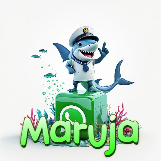 Fondo marino con un tiburón capitán sobre un cubo verde de WhatsApp. Arrecifes de coral, peces y burbujas. Nombre en verde claro en la parte delantera del cubo. Diseño con el nombre Maruja.