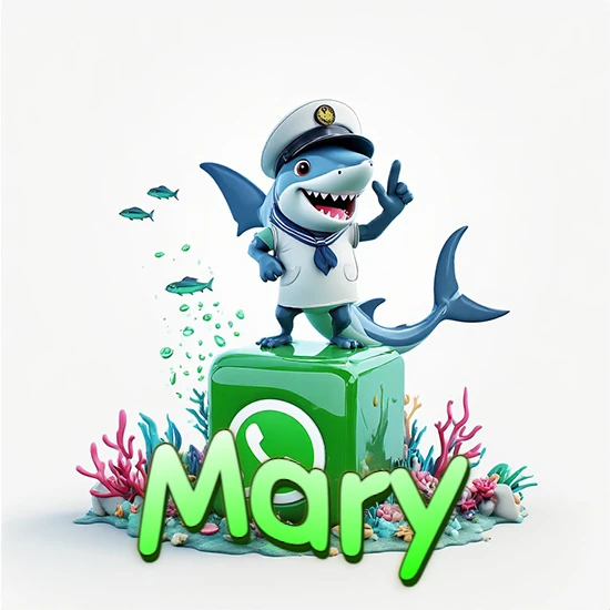 Fondo marino con un tiburón capitán sobre un cubo verde de WhatsApp. Arrecifes de coral, peces y burbujas. Nombre en verde claro en la parte delantera del cubo. Diseño con el nombre Mary.