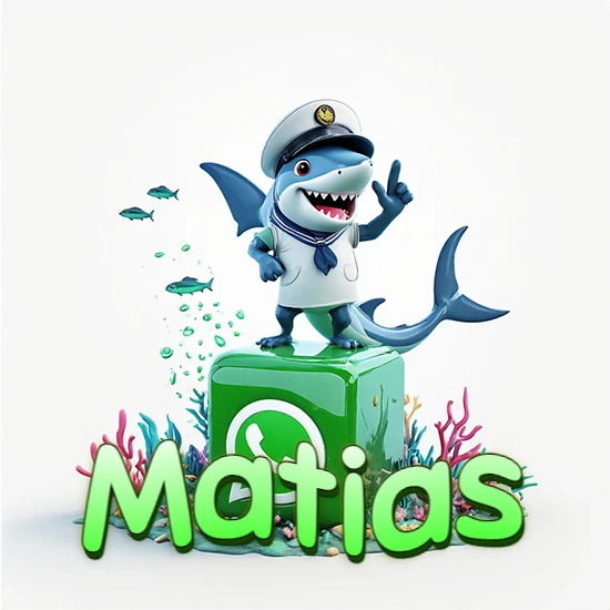 Fondo marino con un tiburón capitán sobre un cubo verde de WhatsApp. Arrecifes de coral, peces y burbujas. Nombre en verde claro en la parte delantera del cubo. Diseño con el nombre Matias.