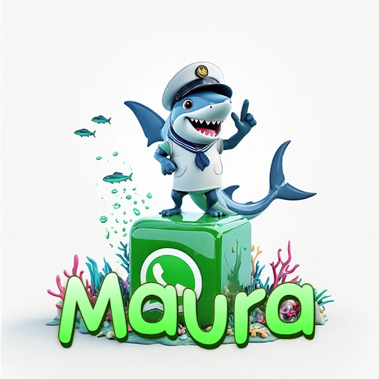 Fondo marino con un tiburón capitán sobre un cubo verde de WhatsApp. Arrecifes de coral, peces y burbujas. Nombre en verde claro en la parte delantera del cubo. Diseño con el nombre Maura.