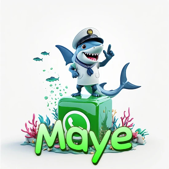 Fondo marino con un tiburón capitán sobre un cubo verde de WhatsApp. Arrecifes de coral, peces y burbujas. Nombre en verde claro en la parte delantera del cubo. Diseño con el nombre Maye.