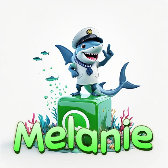 Fondo marino con un tiburón capitán sobre un cubo verde de WhatsApp. Arrecifes de coral, peces y burbujas. Nombre en verde claro en la parte delantera del cubo. Diseño con el nombre Melanie.
