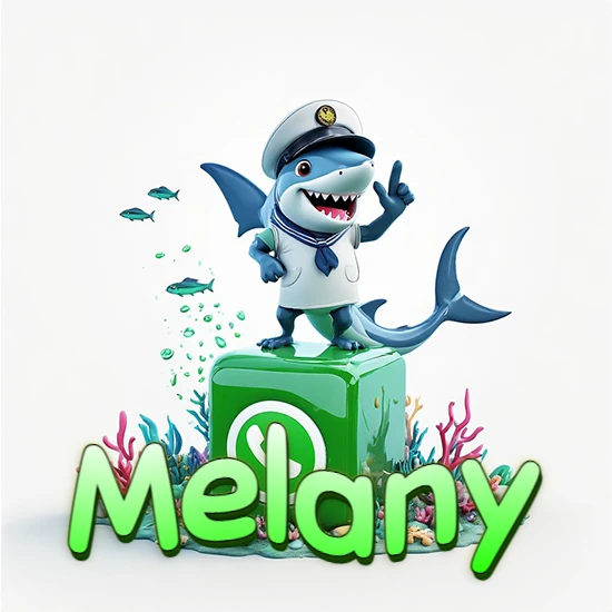 Fondo marino con un tiburón capitán sobre un cubo verde de WhatsApp. Arrecifes de coral, peces y burbujas. Nombre en verde claro en la parte delantera del cubo. Diseño con el nombre Melany.