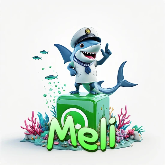 Fondo marino con un tiburón capitán sobre un cubo verde de WhatsApp. Arrecifes de coral, peces y burbujas. Nombre en verde claro en la parte delantera del cubo. Diseño con el nombre Meli.