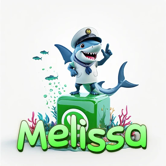 Fondo marino con un tiburón capitán sobre un cubo verde de WhatsApp. Arrecifes de coral, peces y burbujas. Nombre en verde claro en la parte delantera del cubo. Diseño con el nombre Melissa.