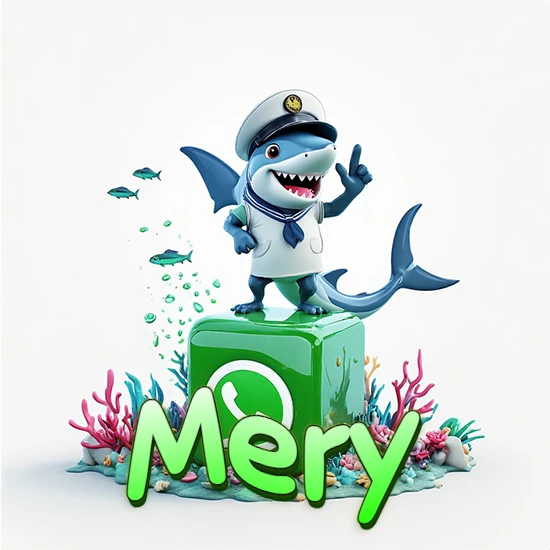 Fondo marino con un tiburón capitán sobre un cubo verde de WhatsApp. Arrecifes de coral, peces y burbujas. Nombre en verde claro en la parte delantera del cubo. Diseño con el nombre Mery.
