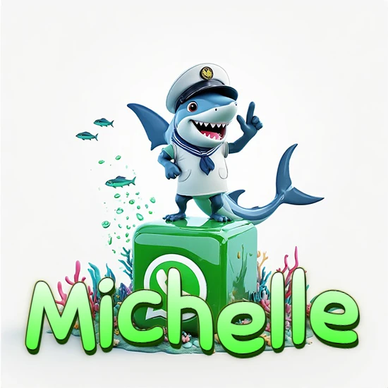 Fondo marino con un tiburón capitán sobre un cubo verde de WhatsApp. Arrecifes de coral, peces y burbujas. Nombre en verde claro en la parte delantera del cubo. Diseño con el nombre Michelle.