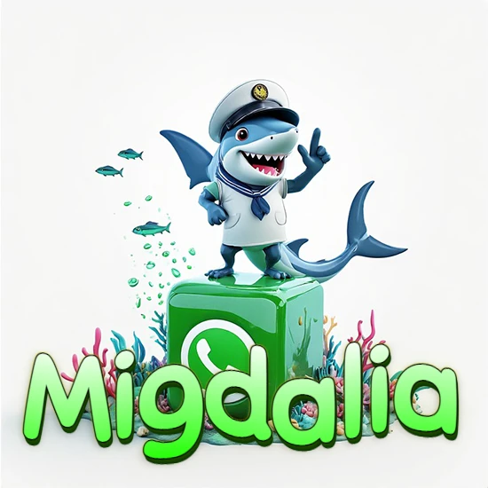 Fondo marino con un tiburón capitán sobre un cubo verde de WhatsApp. Arrecifes de coral, peces y burbujas. Nombre en verde claro en la parte delantera del cubo. Diseño con el nombre Migdalia.