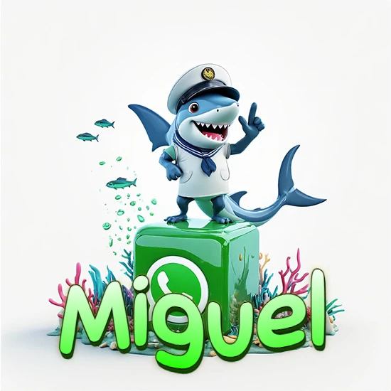 Fondo marino con un tiburón capitán sobre un cubo verde de WhatsApp. Arrecifes de coral, peces y burbujas. Nombre en verde claro en la parte delantera del cubo. Diseño con el nombre Miguel.