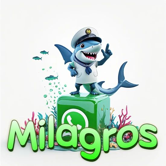 Fondo marino con un tiburón capitán sobre un cubo verde de WhatsApp. Arrecifes de coral, peces y burbujas. Nombre en verde claro en la parte delantera del cubo. Diseño con el nombre Milagros.