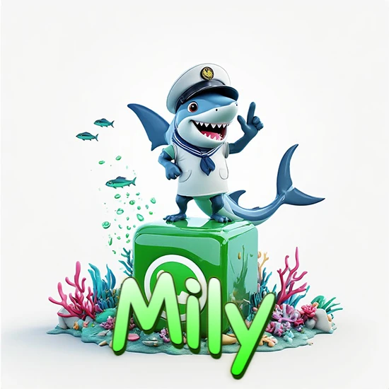 Fondo marino con un tiburón capitán sobre un cubo verde de WhatsApp. Arrecifes de coral, peces y burbujas. Nombre en verde claro en la parte delantera del cubo. Diseño con el nombre Mily.