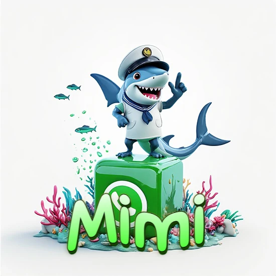 Fondo marino con un tiburón capitán sobre un cubo verde de WhatsApp. Arrecifes de coral, peces y burbujas. Nombre en verde claro en la parte delantera del cubo. Diseño con el nombre Mimi.