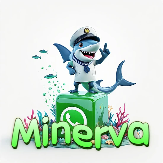 Fondo marino con un tiburón capitán sobre un cubo verde de WhatsApp. Arrecifes de coral, peces y burbujas. Nombre en verde claro en la parte delantera del cubo. Diseño con el nombre Minerva.