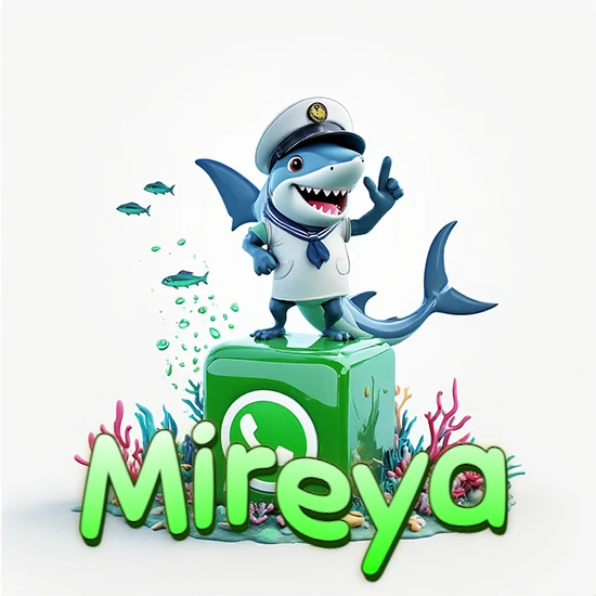 Fondo marino con un tiburón capitán sobre un cubo verde de WhatsApp. Arrecifes de coral, peces y burbujas. Nombre en verde claro en la parte delantera del cubo. Diseño con el nombre Mireya.
