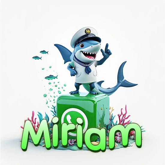 Fondo marino con un tiburón capitán sobre un cubo verde de WhatsApp. Arrecifes de coral, peces y burbujas. Nombre en verde claro en la parte delantera del cubo. Diseño con el nombre Miriam.