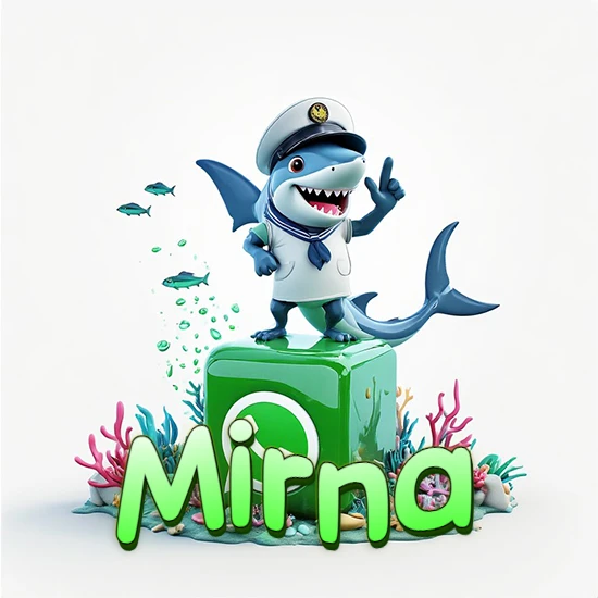 Fondo marino con un tiburón capitán sobre un cubo verde de WhatsApp. Arrecifes de coral, peces y burbujas. Nombre en verde claro en la parte delantera del cubo. Diseño con el nombre Mirna.