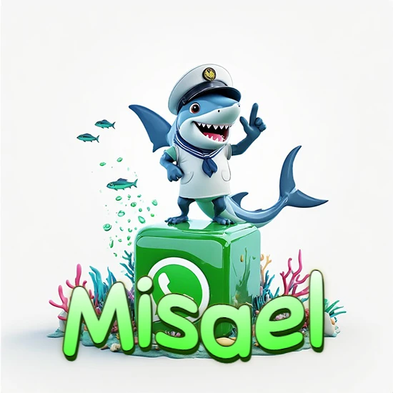 Fondo marino con un tiburón capitán sobre un cubo verde de WhatsApp. Arrecifes de coral, peces y burbujas. Nombre en verde claro en la parte delantera del cubo. Diseño con el nombre Misael.
