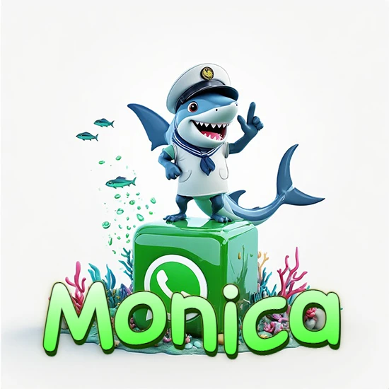 Fondo marino con un tiburón capitán sobre un cubo verde de WhatsApp. Arrecifes de coral, peces y burbujas. Nombre en verde claro en la parte delantera del cubo. Diseño con el nombre Monica.