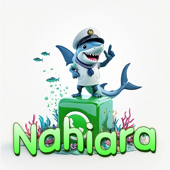 Fondo marino con un tiburón capitán sobre un cubo verde de WhatsApp. Arrecifes de coral, peces y burbujas. Nombre en verde claro en la parte delantera del cubo. Diseño con el nombre Nahiara.