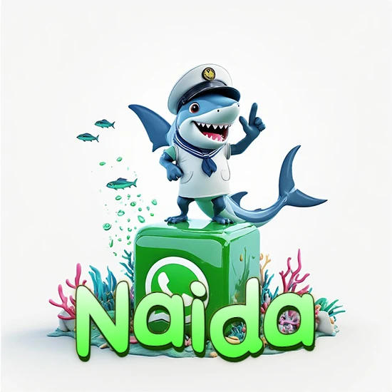 Fondo marino con un tiburón capitán sobre un cubo verde de WhatsApp. Arrecifes de coral, peces y burbujas. Nombre en verde claro en la parte delantera del cubo. Diseño con el nombre Naida.