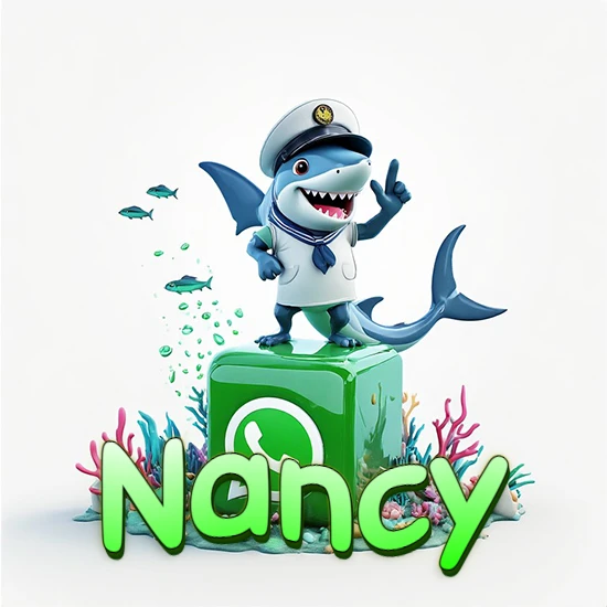 Fondo marino con un tiburón capitán sobre un cubo verde de WhatsApp. Arrecifes de coral, peces y burbujas. Nombre en verde claro en la parte delantera del cubo. Diseño con el nombre Nancy.