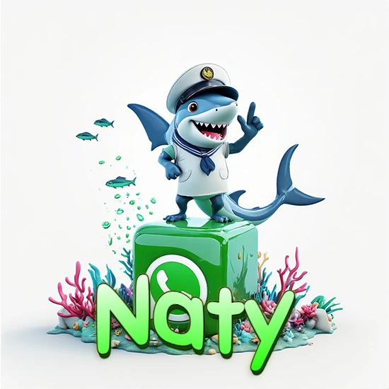 Fondo marino con un tiburón capitán sobre un cubo verde de WhatsApp. Arrecifes de coral, peces y burbujas. Nombre en verde claro en la parte delantera del cubo. Diseño con el nombre Naty.