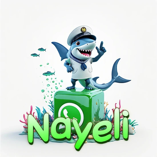 Fondo marino con un tiburón capitán sobre un cubo verde de WhatsApp. Arrecifes de coral, peces y burbujas. Nombre en verde claro en la parte delantera del cubo. Diseño con el nombre Nayeli.
