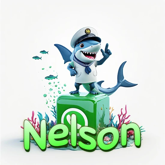 Fondo marino con un tiburón capitán sobre un cubo verde de WhatsApp. Arrecifes de coral, peces y burbujas. Nombre en verde claro en la parte delantera del cubo. Diseño con el nombre Nelson.