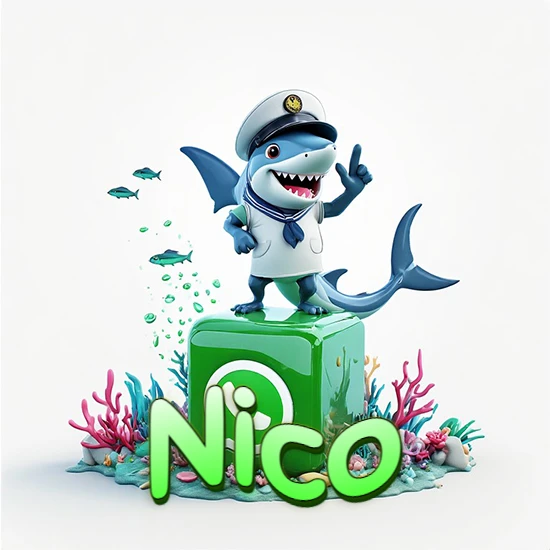 Fondo marino con un tiburón capitán sobre un cubo verde de WhatsApp. Arrecifes de coral, peces y burbujas. Nombre en verde claro en la parte delantera del cubo. Diseño con el nombre Nico.