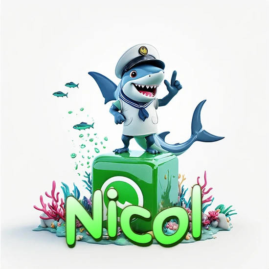 Fondo marino con un tiburón capitán sobre un cubo verde de WhatsApp. Arrecifes de coral, peces y burbujas. Nombre en verde claro en la parte delantera del cubo. Diseño con el nombre Nicol.