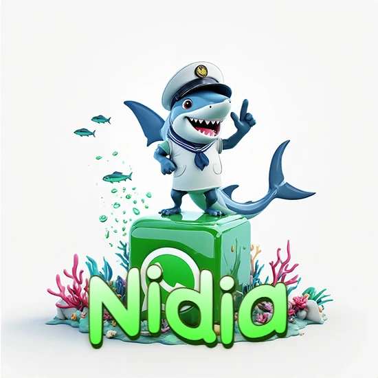 Fondo marino con un tiburón capitán sobre un cubo verde de WhatsApp. Arrecifes de coral, peces y burbujas. Nombre en verde claro en la parte delantera del cubo. Diseño con el nombre Nidia.