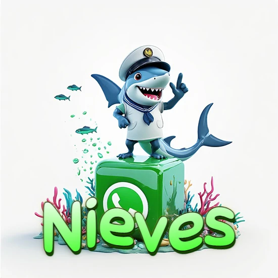 Fondo marino con un tiburón capitán sobre un cubo verde de WhatsApp. Arrecifes de coral, peces y burbujas. Nombre en verde claro en la parte delantera del cubo. Diseño con el nombre Nieves.
