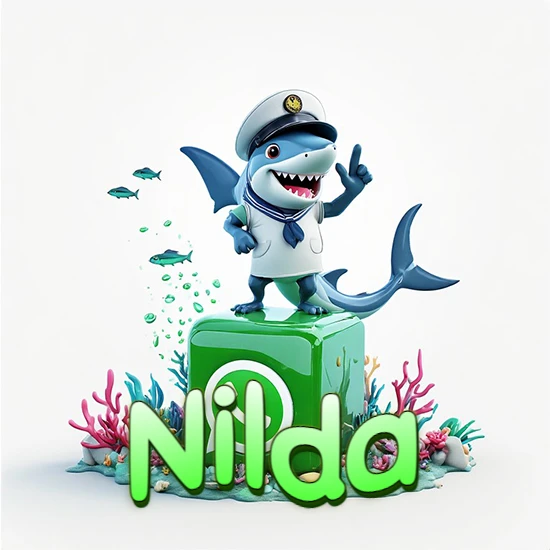 Fondo marino con un tiburón capitán sobre un cubo verde de WhatsApp. Arrecifes de coral, peces y burbujas. Nombre en verde claro en la parte delantera del cubo. Diseño con el nombre Nilda.