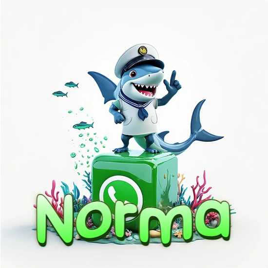 Fondo marino con un tiburón capitán sobre un cubo verde de WhatsApp. Arrecifes de coral, peces y burbujas. Nombre en verde claro en la parte delantera del cubo. Diseño con el nombre Norma.