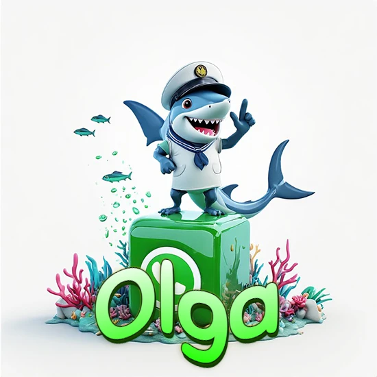 Fondo marino con un tiburón capitán sobre un cubo verde de WhatsApp. Arrecifes de coral, peces y burbujas. Nombre en verde claro en la parte delantera del cubo. Diseño con el nombre Olga.
