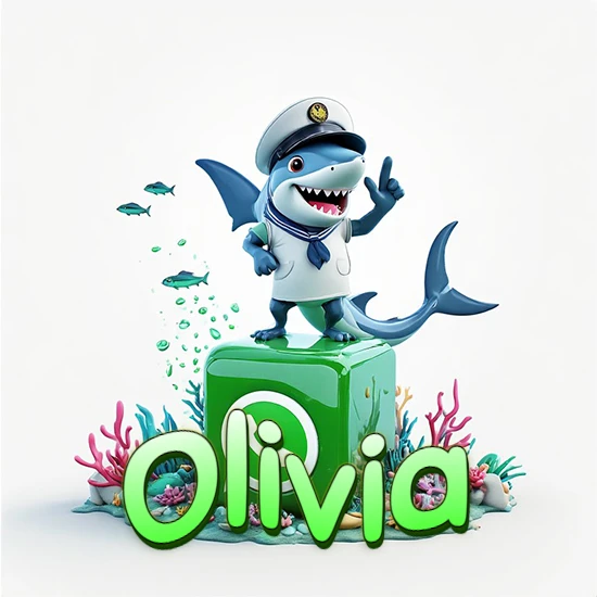 Fondo marino con un tiburón capitán sobre un cubo verde de WhatsApp. Arrecifes de coral, peces y burbujas. Nombre en verde claro en la parte delantera del cubo. Diseño con el nombre Olivia.