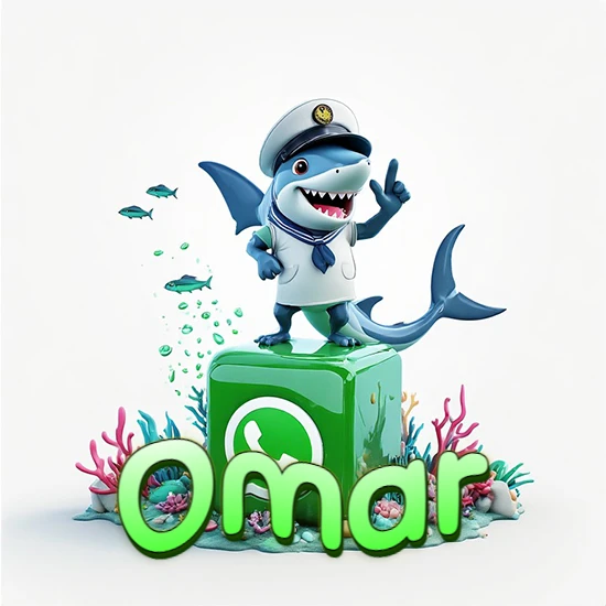 Fondo marino con un tiburón capitán sobre un cubo verde de WhatsApp. Arrecifes de coral, peces y burbujas. Nombre en verde claro en la parte delantera del cubo. Diseño con el nombre Omar.