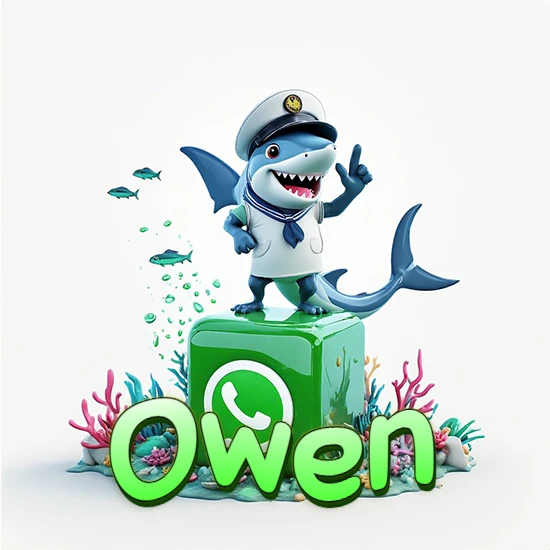 Fondo marino con un tiburón capitán sobre un cubo verde de WhatsApp. Arrecifes de coral, peces y burbujas. Nombre en verde claro en la parte delantera del cubo. Diseño con el nombre Owen.